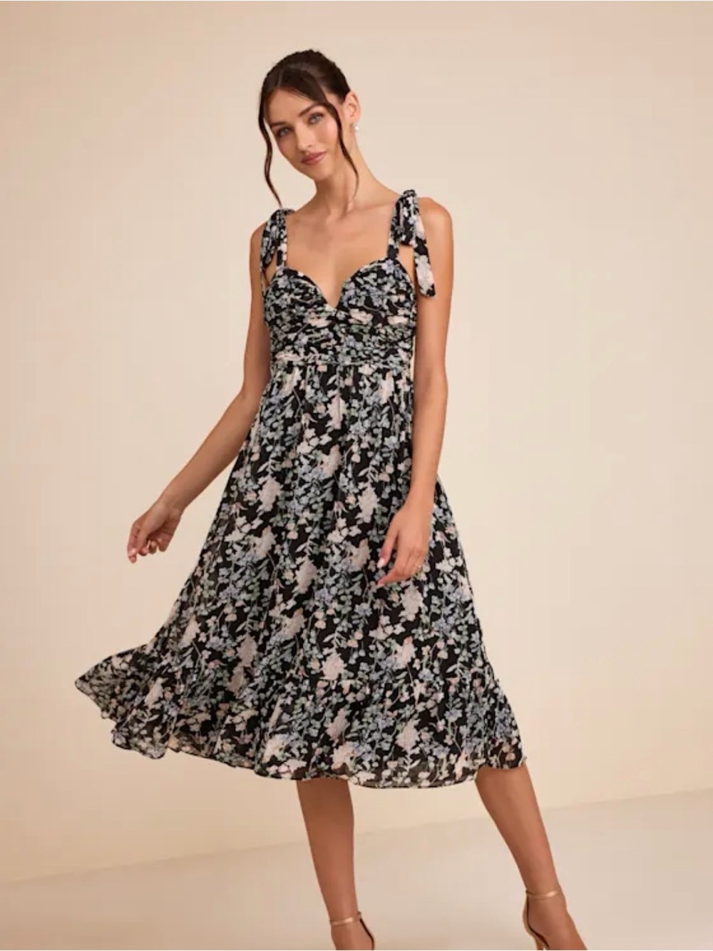 Lulus Lush Loveliness Black Floral Lurex Tie-strap Midi Dress - Size M - Picture 2 of 6